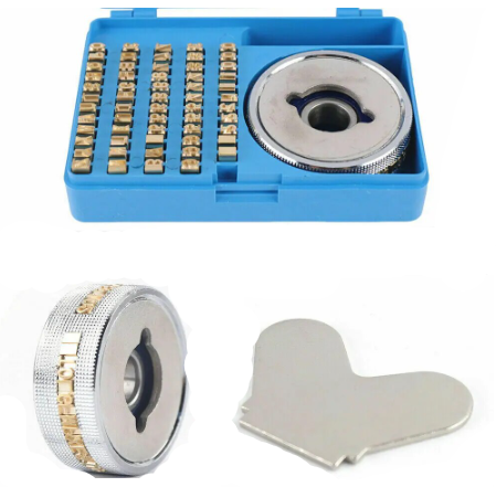Sealing machine printing wheel with blue case on a white background